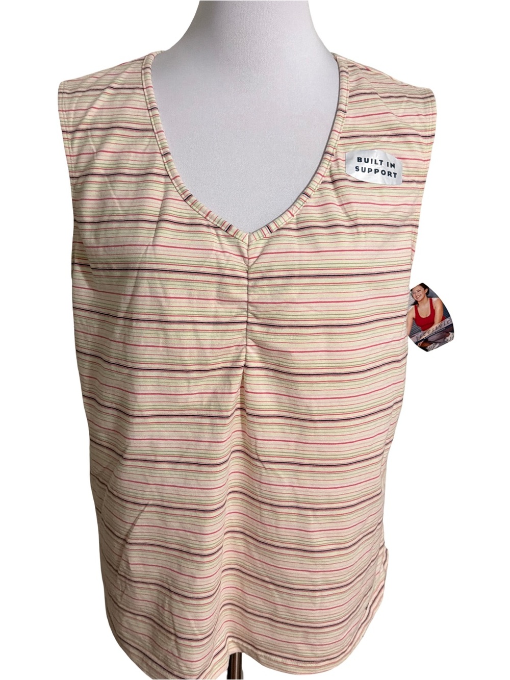 Danskin Cream Pink Tan Stripe Tank Top Self Bra Attached